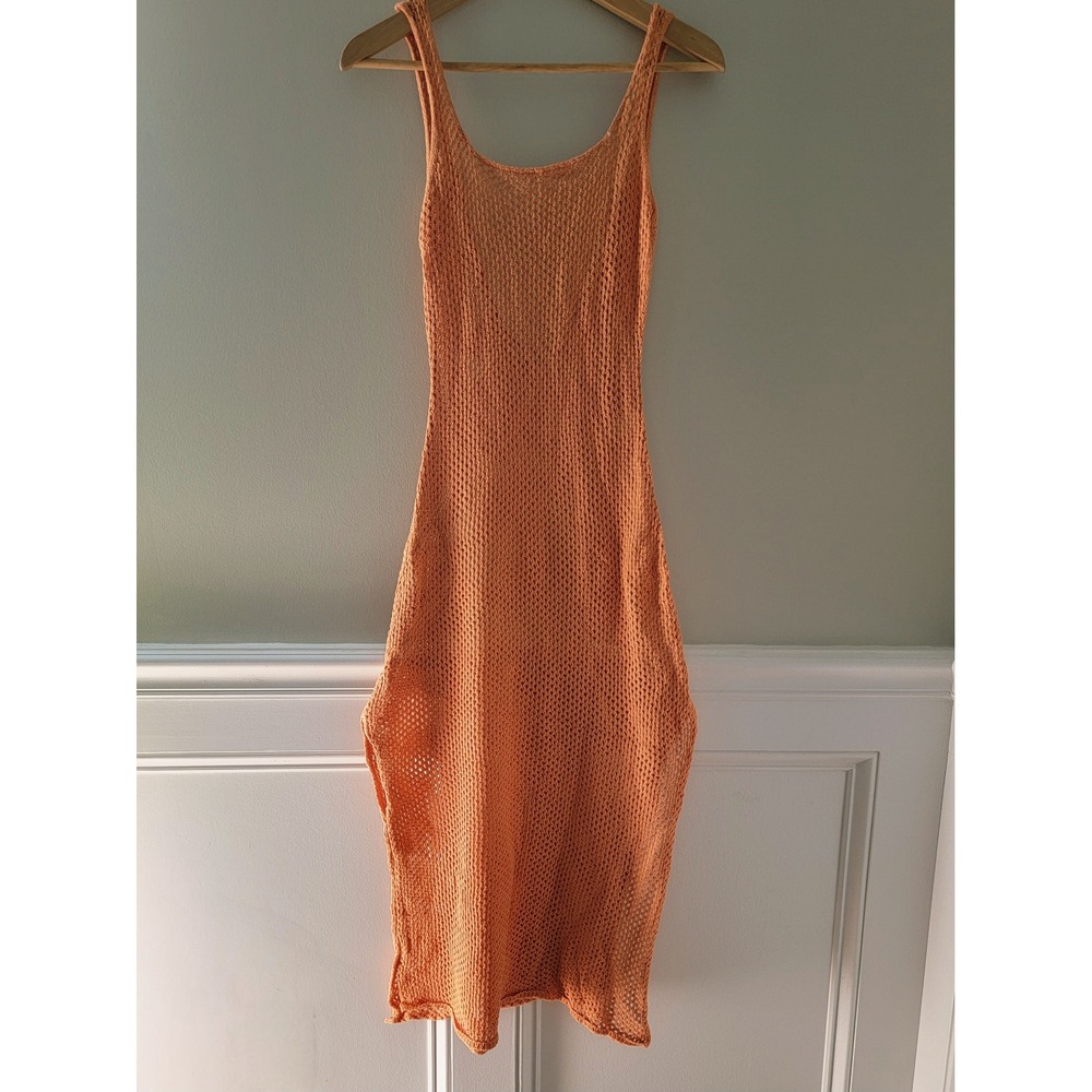 Emory Park Peach Orange Open Knit Crochet Midi Dress Low Back Sleeveless Medium